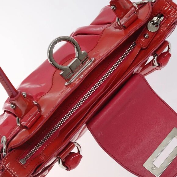 Salvatore Ferragamo Gancini Marissa Hand Bag Enamel Red Silver Auth 130621 - Picture 11 of 14